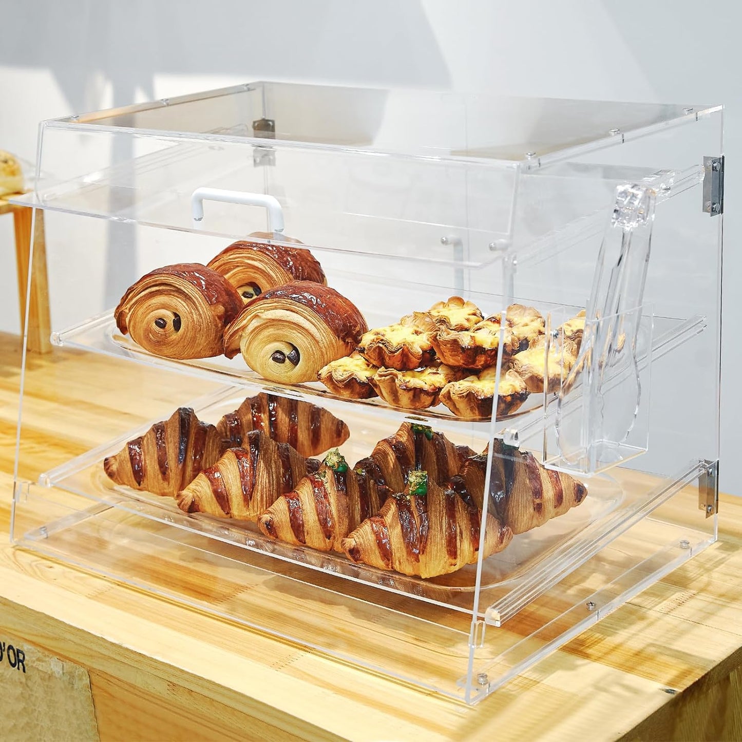 2 Tray Commercial Countertop Bakery Display Case 21.6" x 15.7" x 15.7" Acrylic Pastry Display Case with Serving Tong, Bread Display Case with Front & Rear Doors (2 Tier, 21.6" x 15.7" x 15.7")