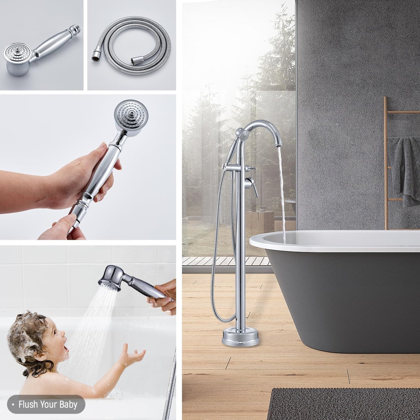 Free Standing Bathtub Faucet Brass Bathtub Faucets High Flow Soaker Tub Faucet with Vintage Handheld Sprayer Polished Chrome