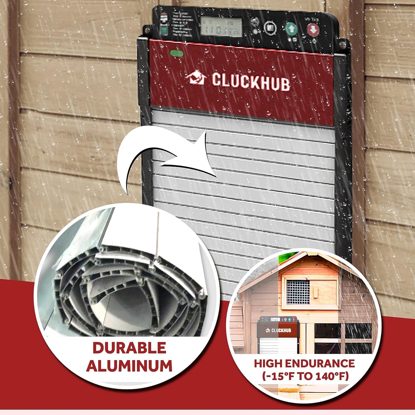 CluckHub Automatic Chicken Coop Door - Solar Powered, Electric Opener, Light Sensor w/Timer, Anti-Trap, Multi-Modes | Aluminum, Weather-Resistant | Own Control Panel w/Remote Control, Red (Red)