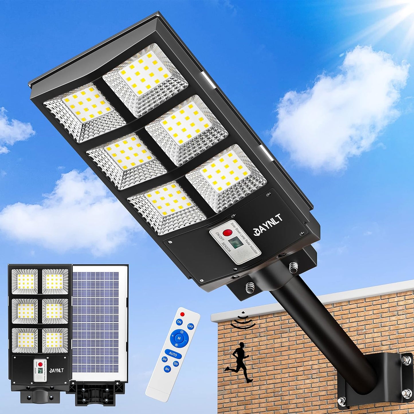 600W LED Solar Street Lights Outdoor, Dusk to Dawn Security Flood Light  with Remote Control & Pole, Wireless, Waterproof, Perfect for Yard, Parking
