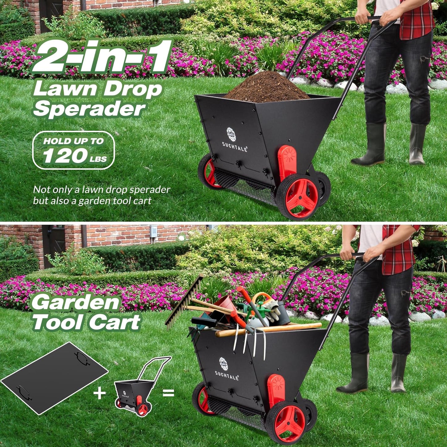 Suchtale Lawn Drop Spreader, Compost Spreader, Peat Moss Spreader Push-Type Fertilizer Drop Spreaders with Rotate Blades, Push Garden Seeder with Adjustable Drop Rate Metal Mesh Basket for