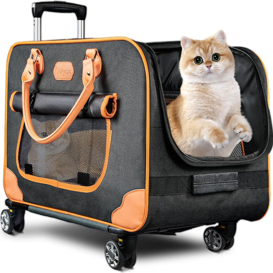 Nakyma cat Carrier with Wheels,Large pet Carrier with Wheels for Up to 38 LBS,Rolling pet Carrier with Durable Handle and Removable Wheels,Rolling cat Carrier for Small & Medium Pets (black-orange)