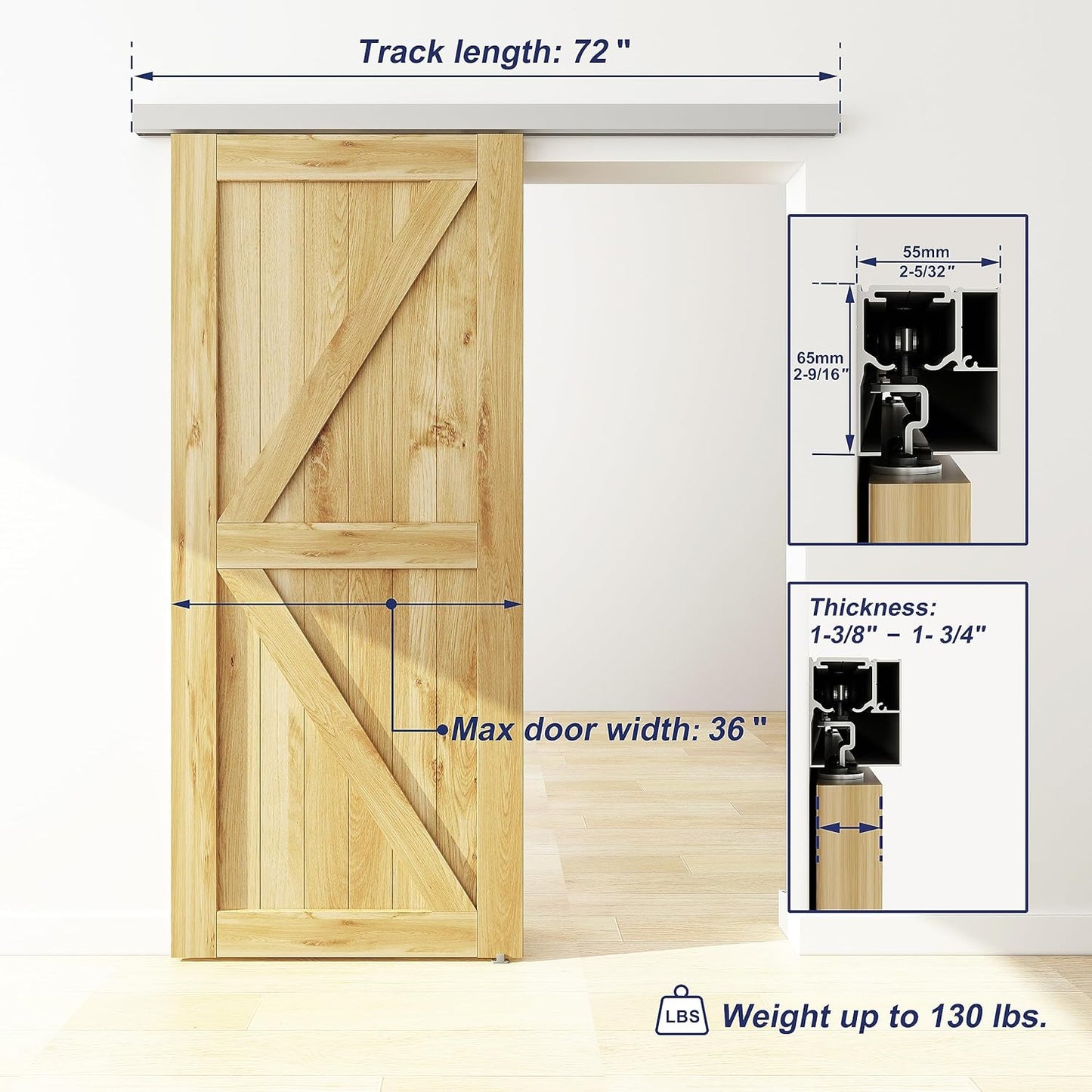 JUBEST 6FT Sliding Barn Door Track Kit, Aluminium Box Rail Wall Mounted Hidden Barn Door Hardware Kit, for Various Modern Doors, Easy to Install, Low Clearance