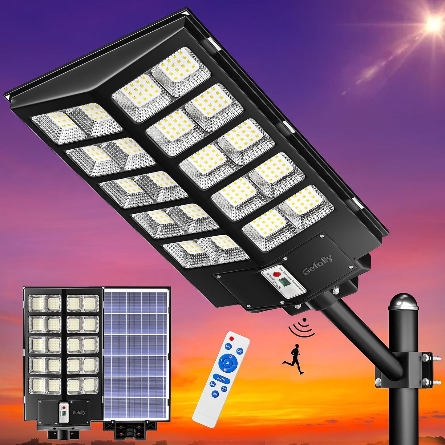 Gefolly 1600W Solar Street Lights Outdoor, 256000LM Commercial Parking Lot Light, 6500K Dusk to Dawn Solar Security Flood Lights Motion Sensor Solar