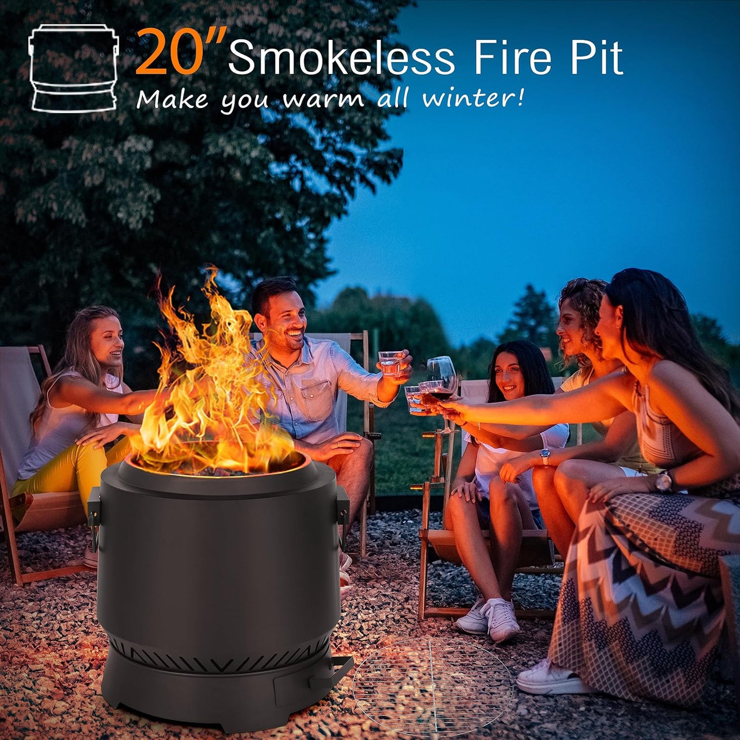 20'' Smokeless Fire Pit for Outside, Portable Bonfire Stove Outdoor Wood Burning Portable Firepit with Cooking Grill, Removable Ash Tray &Poker, Ideal for Outdoor Camping Backyard Patio